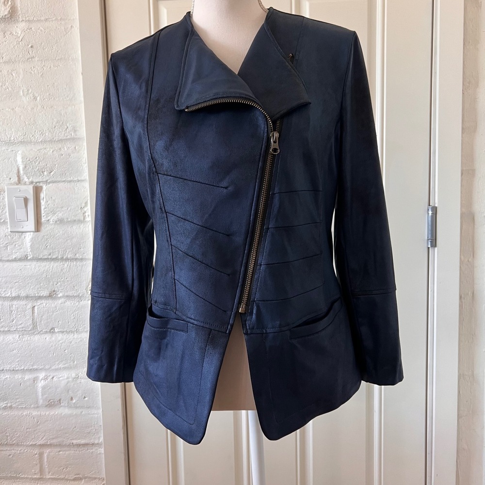 Clara Sunwoo Navy Blue Faux Suede Asymmetrical Moto Jacket Size Medium